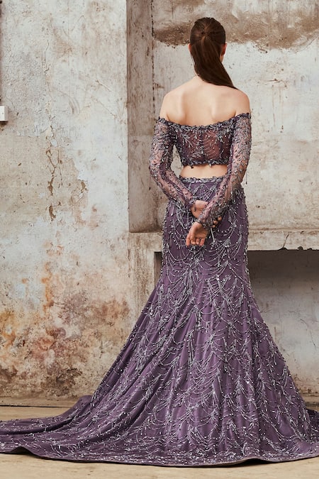 Pooja Peshoria_Purple Net, Crepe Crystals, Crystallized Garden Embroidered Bridal Lehenga Set _Online_at_Aza_Fashions
