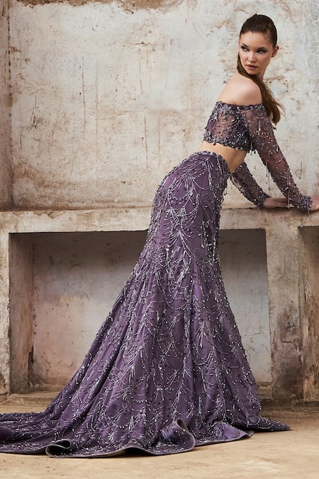 Buy_Pooja Peshoria_Purple Net, Crepe Crystals, Crystallized Garden Embroidered Bridal Lehenga Set _Online_at_Aza_Fashions