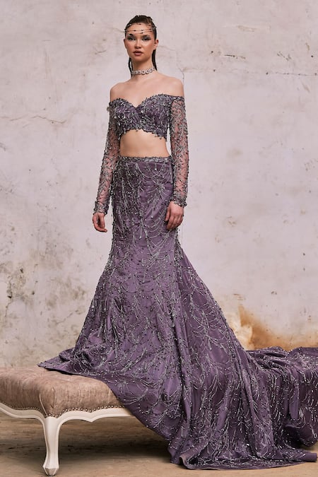 Shop_Pooja Peshoria_Purple Net, Crepe Crystals, Crystallized Garden Embroidered Bridal Lehenga Set _Online_at_Aza_Fashions