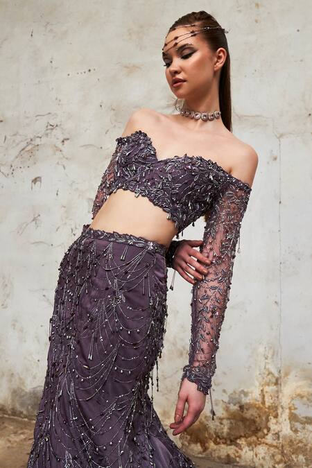 Pooja Peshoria_Purple Net, Crepe Crystals, Crystallized Garden Embroidered Bridal Lehenga Set _at_Aza_Fashions