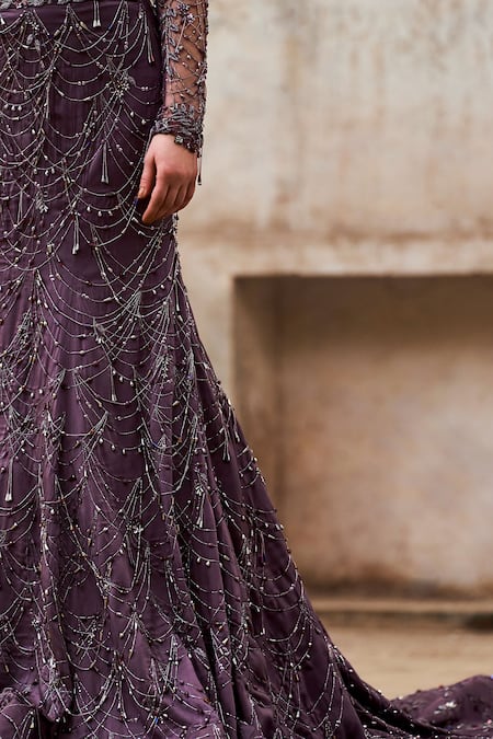 Buy_Pooja Peshoria_Purple Net, Crepe Crystals, Crystallized Garden Embroidered Bridal Lehenga Set 