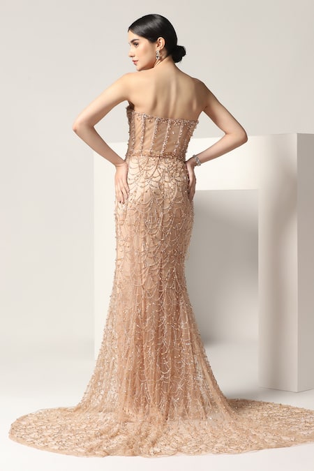 Pooja Peshoria Beige Net Embroidery Sequins Off Shoulder Sweetheart Brazen Crystal Corset Gown Online at Aza Fashions Pooja Peshoria_Beige Net Embroidery Sequins Off Shoulder Sweetheart Brazen Crystal Corset Gown _Online_at_Aza_Fashions