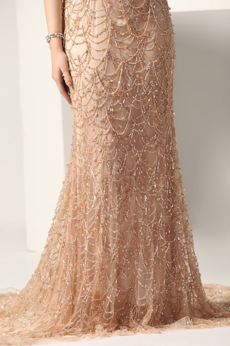 Buy Pooja Peshoria Beige Net Embroidery Sequins Off Shoulder Sweetheart Brazen Crystal Corset Gown Online at Aza Fashions Buy_Pooja Peshoria_Beige Net Embroidery Sequins Off Shoulder Sweetheart Brazen Crystal Corset Gown _Online_at_Aza_Fashions