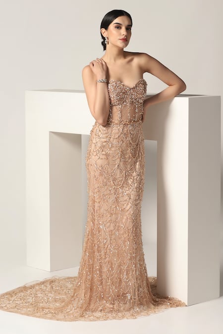 Shop Pooja Peshoria Beige Net Embroidery Sequins Off Shoulder Sweetheart Brazen Crystal Corset Gown Online at Aza Fashions Shop_Pooja Peshoria_Beige Net Embroidery Sequins Off Shoulder Sweetheart Brazen Crystal Corset Gown _Online_at_Aza_Fashions