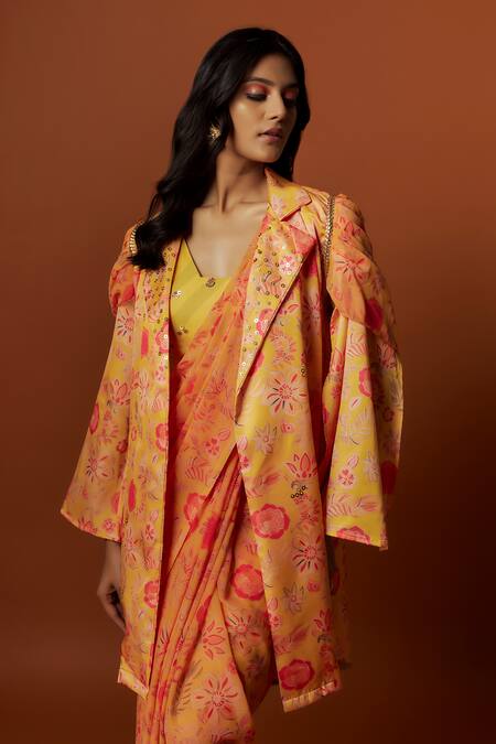 Buy_Meghna Shah_Yellow Linen, Georgette, Silk Floral Print Saree Set With Jacket _Online_at_Aza_Fashions