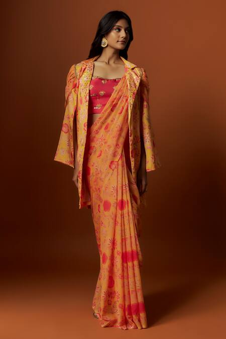 Buy_Meghna Shah_Yellow Linen, Georgette Floral Print Saree With Embroidered Draped Jacket _Online_at_Aza_Fashions