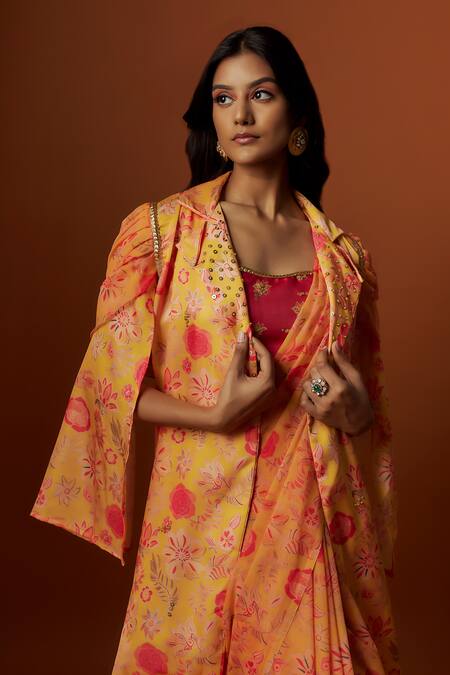 Shop_Meghna Shah_Yellow Linen, Georgette Floral Print Saree With Embroidered Draped Jacket _Online_at_Aza_Fashions