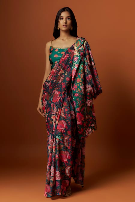 Buy Meghna Shah Green Linen, Georgette Floral Vine Print Saree With Draped Embroidered Jacket Online at Aza Fashions Buy_Meghna Shah_Green Linen, Georgette Floral Vine Print Saree With Draped Embroidered Jacket _Online_at_Aza_Fashions