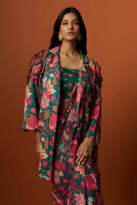 Shop Meghna Shah Green Linen, Georgette Floral Vine Print Saree With Draped Embroidered Jacket Online at Aza Fashions Shop_Meghna Shah_Green Linen, Georgette Floral Vine Print Saree With Draped Embroidered Jacket _Online_at_Aza_Fashions
