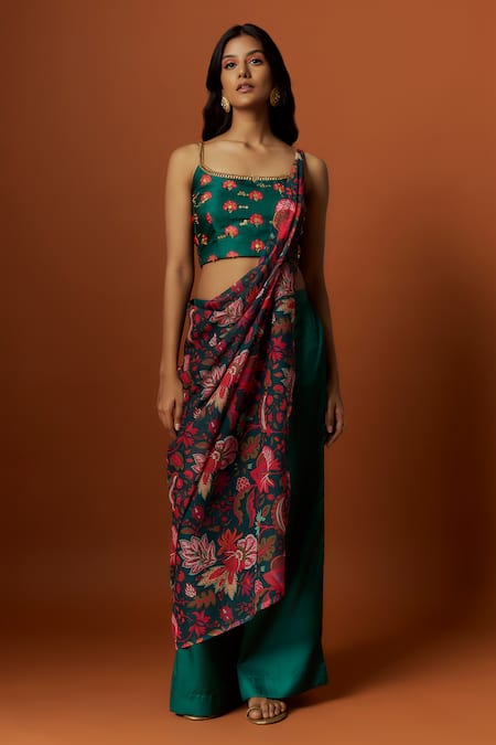 Shop Meghna Shah Green Linen, Georgette, Satin Sequins, Embroidery Pant Set With Draped Dupatta Online at Aza Fashions Shop_Meghna Shah_Green Linen, Georgette, Satin Sequins, Embroidery Pant Set With Draped Dupatta _Online_at_Aza_Fashions
