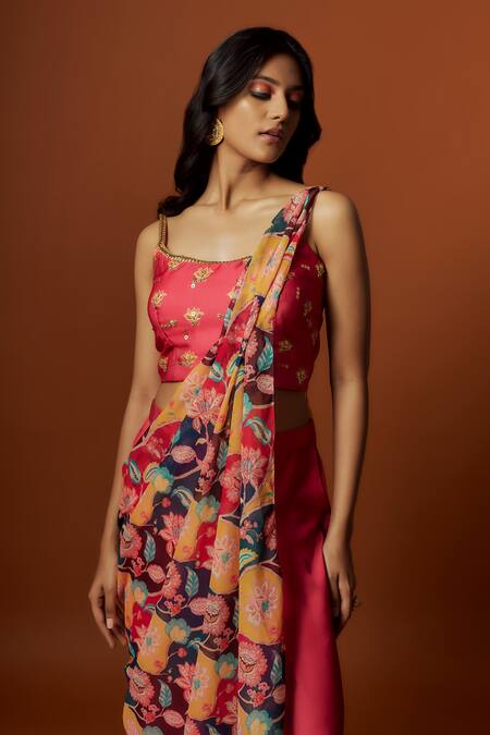 Meghna Shah_Pink Linen, Georgette Sequins Embroidered Saree With Printed Draped Dupatta _Online_at_Aza_Fashions