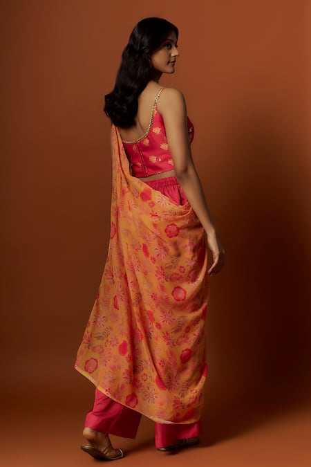 Meghna Shah Embroidered Saree With Printed Draped Dupatta 