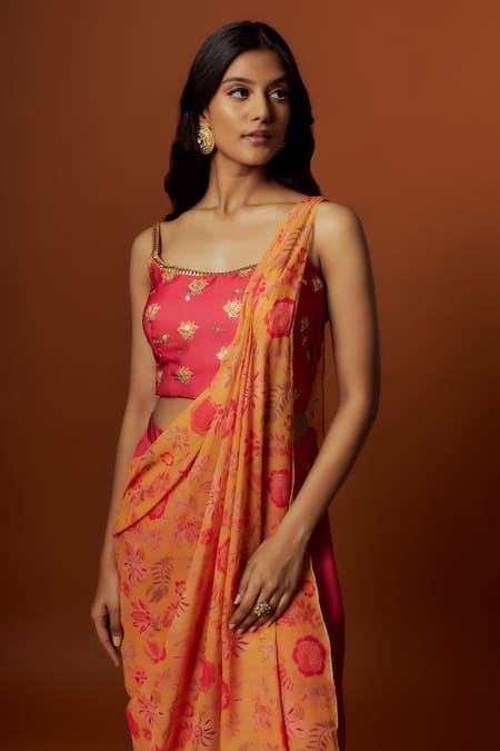 Meghna Shah_Yellow Linen, Georgette, Silk Embroidered Saree With Printed Draped Dupatta _Online_at_Aza_Fashions