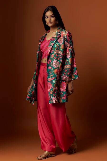 Buy_Meghna Shah_Pink Linen, Georgette Sequins Stripe Print Embroidered Blouse Jacket Set _Online_at_Aza_Fashions