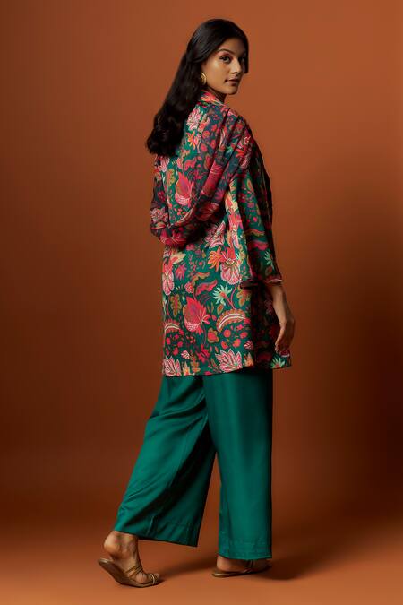 Meghna Shah_Green Silk, Linen Sequins, Embroidery Collared, Floral Print Draped Jacket Set _Online_at_Aza_Fashions