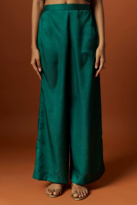 Shop_Meghna Shah_Green Silk, Linen Sequins, Embroidery Collared, Floral Print Draped Jacket Set _Online_at_Aza_Fashions