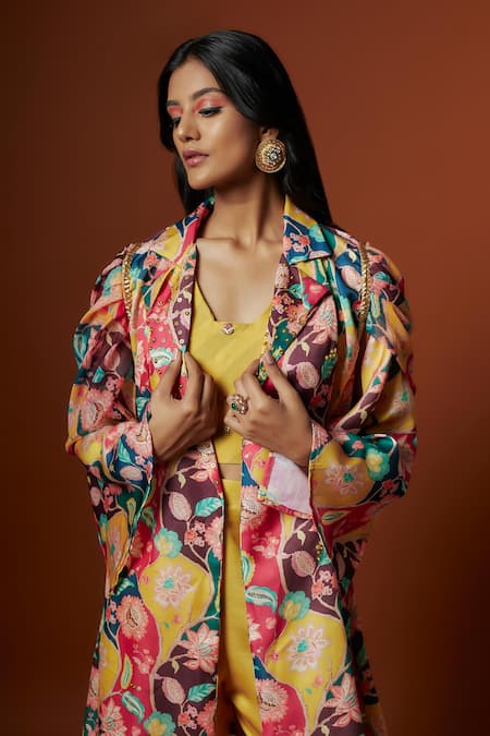 Buy_Meghna Shah_Multi Color Linen, Georgette, Cotton Floral Print Embroidered Draped Jacket Set _Online_at_Aza_Fashions