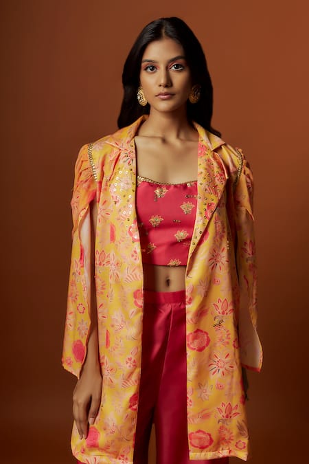 Buy Meghna Shah Pink Linen, Satin, Georgette Embroidery, Sequins Blouse Floral Print Jacket Set Online at Aza Fashions Buy_Meghna Shah_Pink Linen, Satin, Georgette Embroidery, Sequins Blouse Floral Print Jacket Set _Online_at_Aza_Fashions