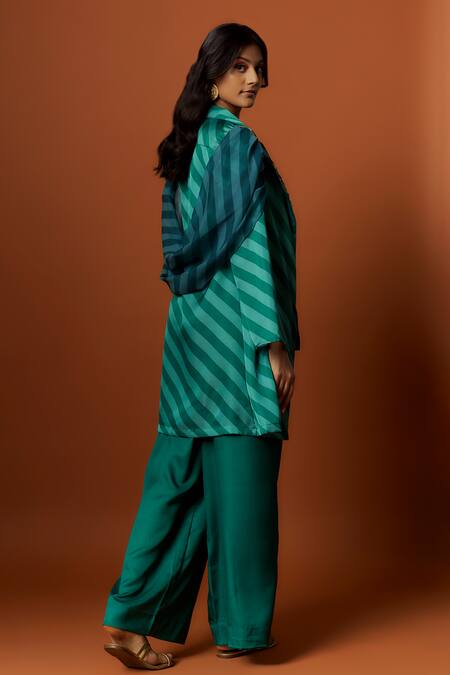 Meghna Shah_Green Linen, Georgette Sequins, Embroidery Stripe Print Draped Jacket Set _Online_at_Aza_Fashions