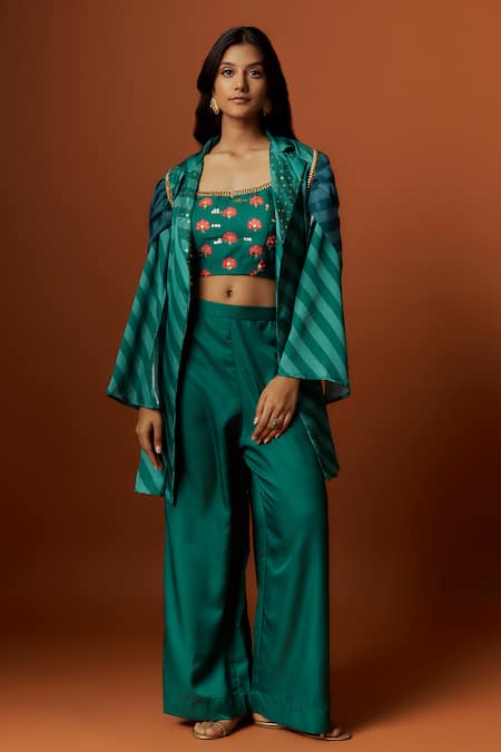 Shop_Meghna Shah_Green Linen, Georgette Sequins, Embroidery Stripe Print Draped Jacket Set _Online_at_Aza_Fashions