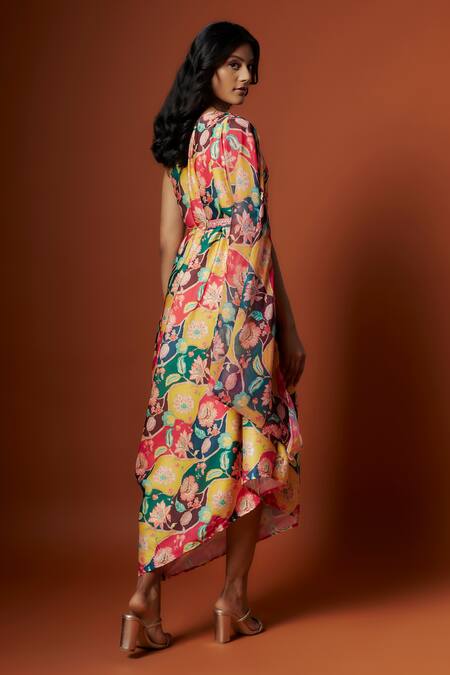 Meghna Shah Floral Print One-Shoulder Dress With Belt 