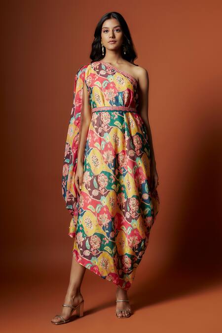 Buy_Meghna Shah_Multi Color Linen, Georgette Sequins One Shoulder Floral Print Dress With Belt _Online_at_Aza_Fashions