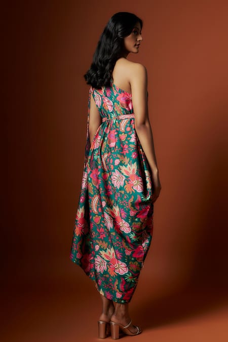 Meghna Shah Floral Print Embroidered One-Shoulder Dress With Belt 