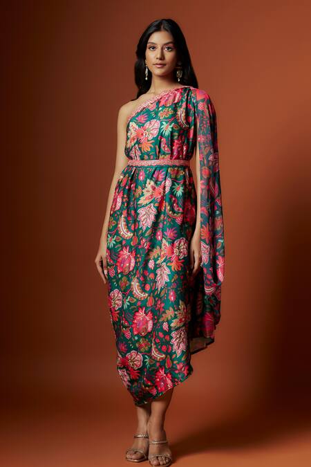 Buy_Meghna Shah_Multi Color Linen, Satin Sequins One Floral Print Embroidered Dress With Belt _Online_at_Aza_Fashions
