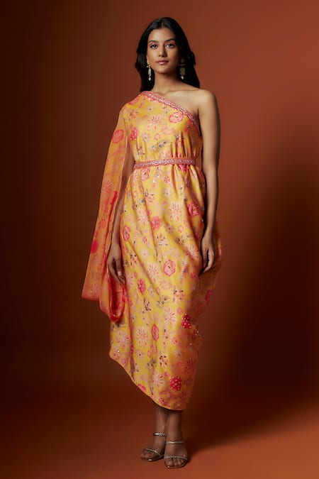 Meghna Shah_Yellow Linen, Georgette Sequins One Shoulder Printed Dress With Belt _Online_at_Aza_Fashions