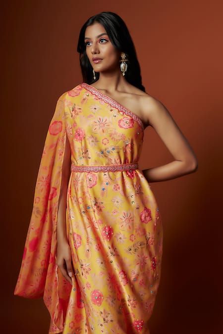 Buy_Meghna Shah_Yellow Linen, Georgette Sequins One Shoulder Printed Dress With Belt _Online_at_Aza_Fashions
