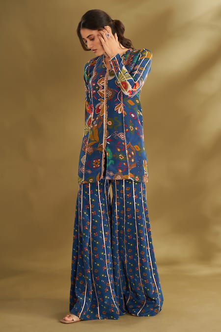 Affroz Blue Viscose Gota Patti, Embroidery V-neck Floral Print Kurta And Sharara Set Online at Aza Fashions Affroz_Blue Viscose Gota Patti, Embroidery V-neck Floral Print Kurta And Sharara Set _Online_at_Aza_Fashions