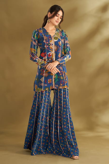 Buy Affroz Blue Viscose Gota Patti, Embroidery V-neck Floral Print Kurta And Sharara Set Online at Aza Fashions Buy_Affroz_Blue Viscose Gota Patti, Embroidery V-neck Floral Print Kurta And Sharara Set _Online_at_Aza_Fashions