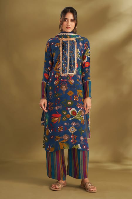 Affroz Blue Viscose, Crepe Embroidery Round Neck Floral Print Kurta Set Online at Aza Fashions Affroz_Blue Viscose, Crepe Embroidery Round Neck Floral Print Kurta Set _Online_at_Aza_Fashions