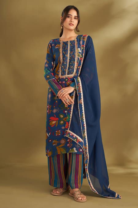 Shop Affroz Blue Viscose, Crepe Embroidery Round Neck Floral Print Kurta Set Online at Aza Fashions Shop_Affroz_Blue Viscose, Crepe Embroidery Round Neck Floral Print Kurta Set _Online_at_Aza_Fashions