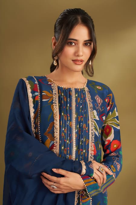 Buy Affroz Blue Viscose, Crepe Embroidery Round Neck Floral Print Kurta Set Buy_Affroz_Blue Viscose, Crepe Embroidery Round Neck Floral Print Kurta Set