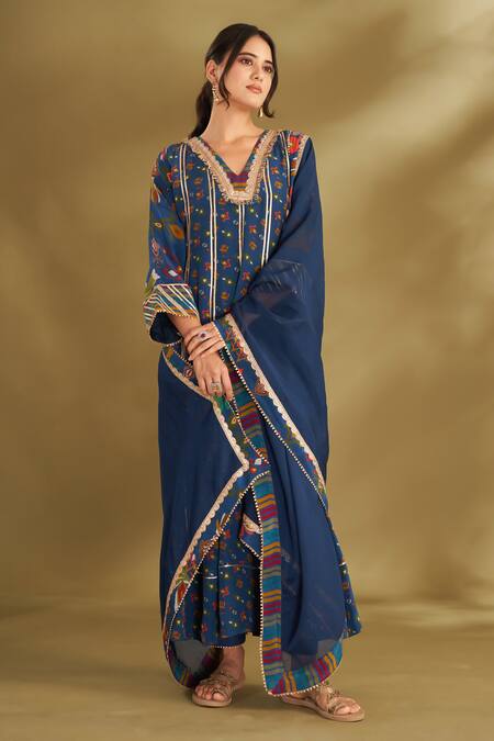 Affroz Blue Viscose Embroidery, Gota Patti V-neck Floral Print Anarkali Set Online at Aza Fashions Affroz_Blue Viscose Embroidery, Gota Patti V-neck Floral Print Anarkali Set _Online_at_Aza_Fashions