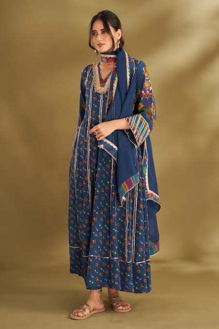 Buy Affroz Blue Viscose Embroidery, Gota Patti V-neck Floral Print Anarkali Set Online at Aza Fashions Buy_Affroz_Blue Viscose Embroidery, Gota Patti V-neck Floral Print Anarkali Set _Online_at_Aza_Fashions