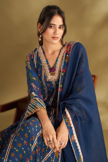 Shop Affroz Blue Viscose Embroidery, Gota Patti V-neck Floral Print Anarkali Set Online at Aza Fashions Shop_Affroz_Blue Viscose Embroidery, Gota Patti V-neck Floral Print Anarkali Set _Online_at_Aza_Fashions