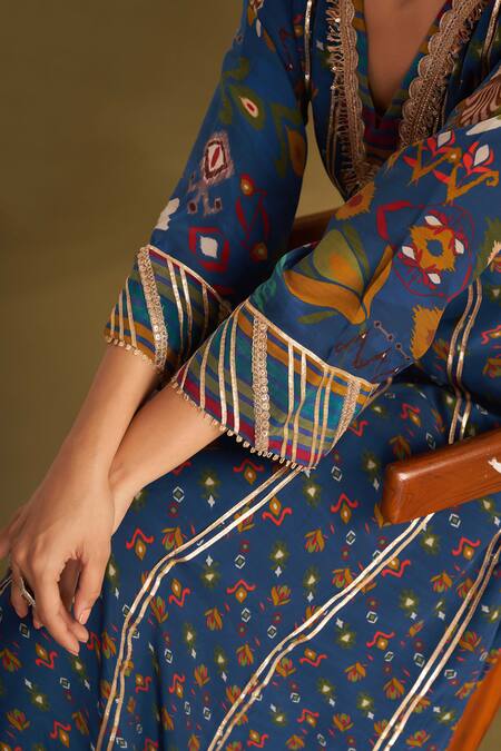 Affroz Blue Viscose Embroidery, Gota Patti V-neck Floral Print Anarkali Set at Aza Fashions Affroz_Blue Viscose Embroidery, Gota Patti V-neck Floral Print Anarkali Set _at_Aza_Fashions