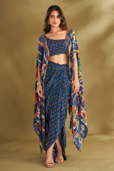 AFFROZ Blue Viscose Crepe Digital Printed Ikat Floral Cape Blouse And Draped Skirt Set