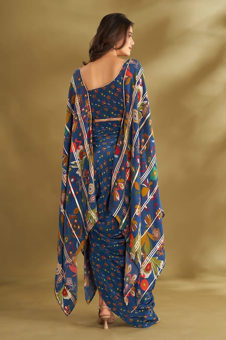 Shop_Affroz_Blue Viscose Embroidery, Gota Patti Floral Ikat Print Cape Blouse And Draped Skirt _at_Aza_Fashions