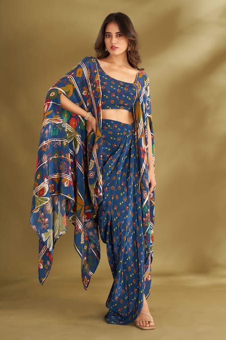 Affroz_Blue Viscose Embroidery, Gota Patti Floral Ikat Print Cape Blouse And Draped Skirt _Online_at_Aza_Fashions