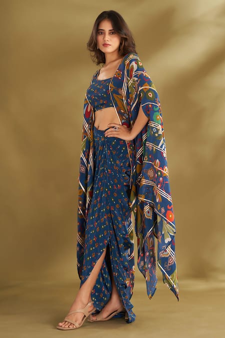 Shop_Affroz_Blue Viscose Embroidery, Gota Patti Floral Ikat Print Cape Blouse And Draped Skirt _Online_at_Aza_Fashions