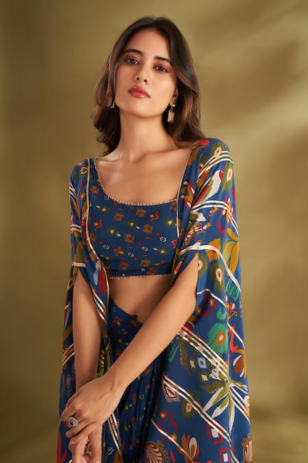 Buy_Affroz_Blue Viscose Embroidery, Gota Patti Floral Ikat Print Cape Blouse And Draped Skirt 