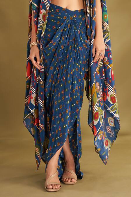 Shop_Affroz_Blue Viscose Embroidery, Gota Patti Floral Ikat Print Cape Blouse And Draped Skirt 