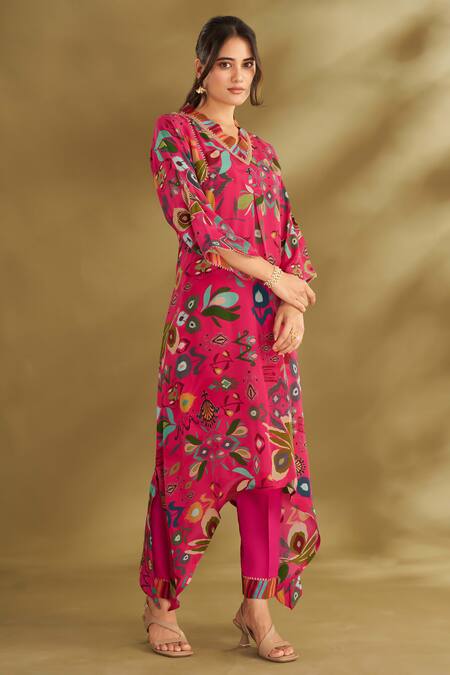Affroz_Pink Viscose, Crepe Embroidery V-neck Ikat Floral Pattern Kurta And Pant Set _Online_at_Aza_Fashions