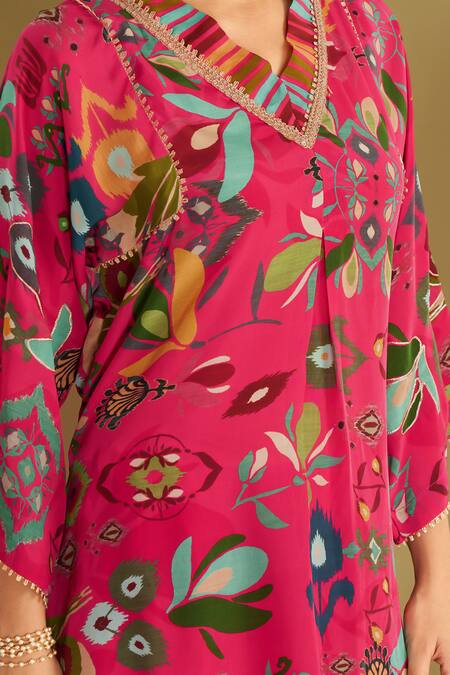 Buy_Affroz_Pink Viscose, Crepe Embroidery V-neck Ikat Floral Pattern Kurta And Pant Set _Online_at_Aza_Fashions