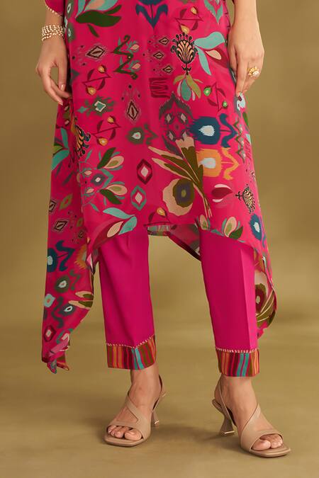 Shop_Affroz_Pink Viscose, Crepe Embroidery V-neck Ikat Floral Pattern Kurta And Pant Set _Online_at_Aza_Fashions