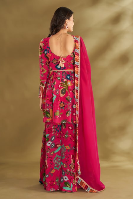 Affroz Ikat Floral Print Short Anarkali Sharara Set 