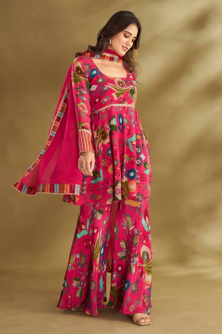 Affroz Pink Viscose Embroidery Round Neck Ikat Floral Print Short Anarkali Sharara Set Online at Aza Fashions Affroz_Pink Viscose Embroidery Round Neck Ikat Floral Print Short Anarkali Sharara Set _Online_at_Aza_Fashions